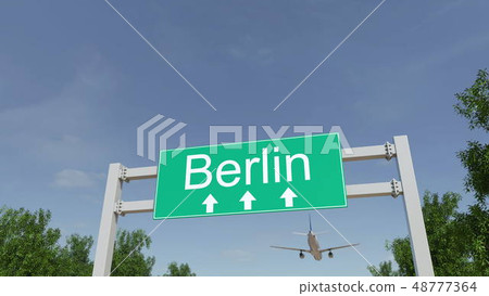 Airplane arriving to Berlin airport. Travelling to Germany conceptual 3D rendering 48777364