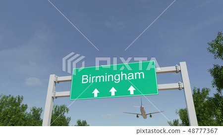 Airplane arriving to Birmingham airport. Travelling to United Kingdom conceptual 3D rendering Airplane arriving to Birmingham airport. Travelling to United Kingdom conceptual 3D rendering 48777367