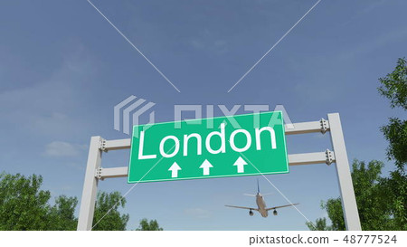 Airplane arriving to London airport. Travelling to United Kingdom conceptual 3D rendering 48777524