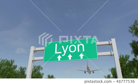 Airplane arriving to Lyon airport. Travelling to France conceptual 3D rendering Airplane arriving to Lyon airport. Travelling to France conceptual 3D rendering 48777536