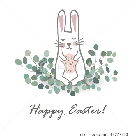 Cute hand drawn bunny on the Eucaliptus branches. Easter Vector illustration. Sweet Newborn Rabbit 48777560