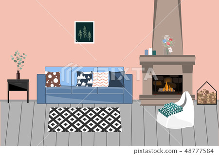 Vector interior in Scandinavian style. Living room with Fireplace, comfortable bright Sofa with 48777584