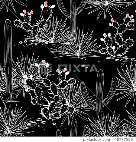 Hand drawn seamless pattern with sketch saguaro, blue agave, and prickly pear. Latin American Hand drawn seamless pattern with sketch saguaro, blue agave, and prickly pear. Latin American 48777599