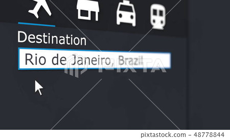 Buying airplane ticket to Rio de Janeiro online. Travelling to Brazil conceptual 3D rendering Buying airplane ticket to Rio de Janeiro online. Travelling to Brazil conceptual 3D rendering 48778844