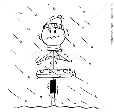 Cartoon of Chilled Man or Tourist Standing in Water in Cold\
Weather Out of Season