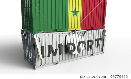 Container with IMPORT text being crashed with container with flag of Senegal, conceptual 3D Container with IMPORT text being crashed with container with flag of Senegal, conceptual 3D 48779533