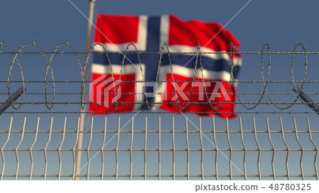 Barbed wire against waving flag of Norway. 3D rendering 48780325