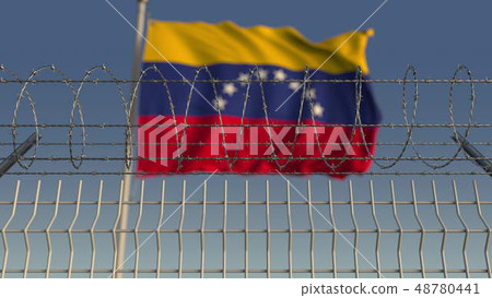 Barbed wire against waving flag of Venezuela. 3D rendering Barbed wire against waving flag of Venezuela. 3D rendering 48780441