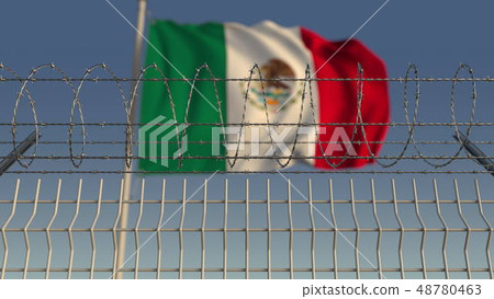 Barbed wire against waving flag of Mexico. 3D rendering Barbed wire against waving flag of Mexico. 3D rendering 48780463