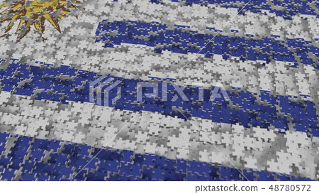 Flag of Uruguay being made with jigsaw puzzle pieces. Uruguayan problem solution conceptual 3D 48780572