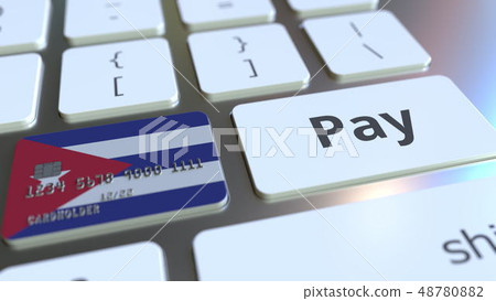 Bank card featuring flag of Cuba as a key on a computer keyboard. Cuban online payment conceptual 3D Bank card featuring flag of Cuba as a key on a computer keyboard. Cuban online payment conceptual 3D 48780882
