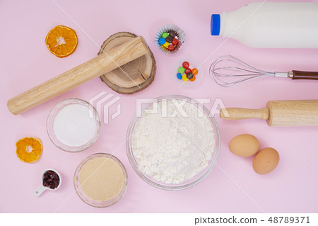 Homemade pastry for Bakery concept, baking in the kitchen and ingredients for baking- eggs,flour,sugar,butter and milk. 071 Homemade pastry for Bakery concept, baking in the kitchen and ingredients for baking- eggs,flour,sugar,butter and milk. 071 48789371