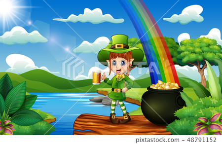 Leprechaun holding a mug beer on the nature Leprechaun holding a mug beer on the nature 48791152