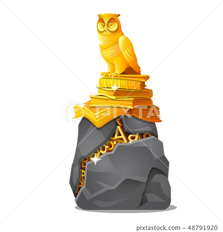 Golden owl statue on books and cracked stone with letters made of gold isolated on white background Golden owl statue on books and cracked stone with letters made of gold isolated on white background 48791920