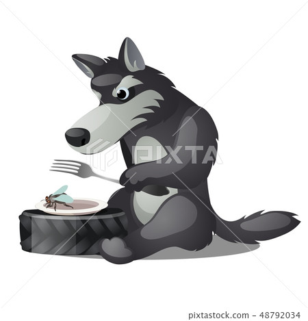 Hungry animated grey wolf with fork and empty plate with fly isolated on white background. Vector Hungry animated grey wolf with fork and empty plate with fly isolated on white background. Vector 48792034