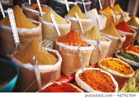 Indian colored spices at local market. A variety Indian colored spices at local market. A variety 48792364
