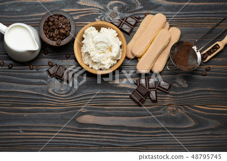 Ingredients for cooking tiramisu - Savoiardi biscuit cookies, mascarpone, cream, sugar, cocoa Ingredients for cooking tiramisu - Savoiardi biscuit cookies, mascarpone, cream, sugar, cocoa 48795745