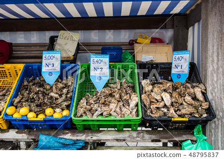 Crates with fresh oysters for sale in Cancale 48795837