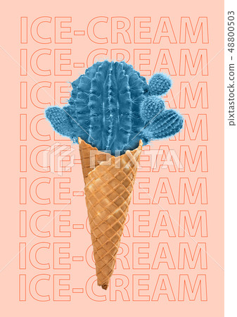 Contemporary art collage. Concept Cactus ice cream on pink background. 48800503