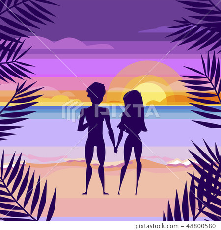 Loving couple on the beach. Sunset. Cartoon style