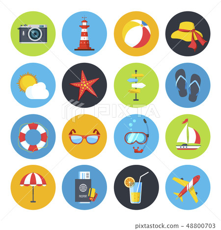 Vector summer icon set. Sunrise, sea and vacation tour 48800703