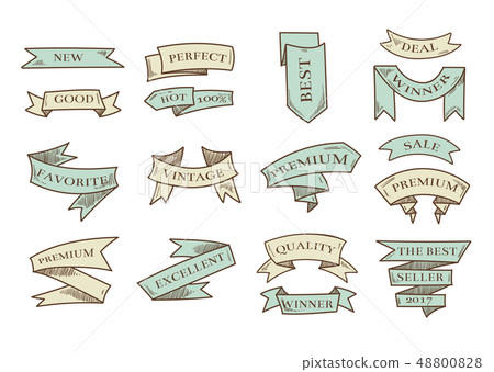 Retro hand drawn cartoon vector ribbons with marketing messages isolated Retro hand drawn cartoon vector ribbons with marketing messages isolated 48800828