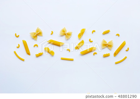 Different types of dry pasta on white. 48801290