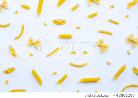 Different types of dry pasta on white. Different types of dry pasta on white. 48801296