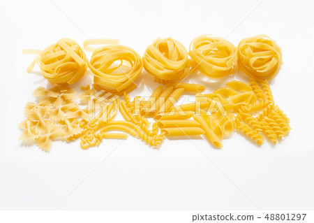 Different types of dry pasta on white. 48801297