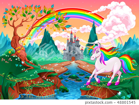 Unicorn in a fantasy landscape with rainbow Unicorn in a fantasy landscape with rainbow 48801545