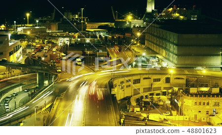 Long exposure night shot of busy industrial seaport area. Genoa, Italy 48801623