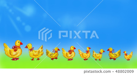 Watercolor pattern of ducks with red ribbons. 48802009