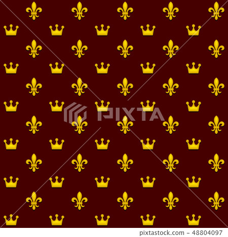 Seamless Pattern with King Crowns and Royal Heraldic Fleur de Lys Lily on Dark Background. Vector 48804097