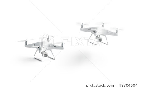 Blank white stand and flying quadrocopter mockup,  48804504