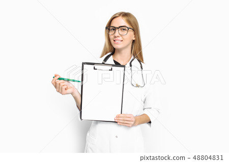 Young female doctor in glasses and a stethoscope 48804831