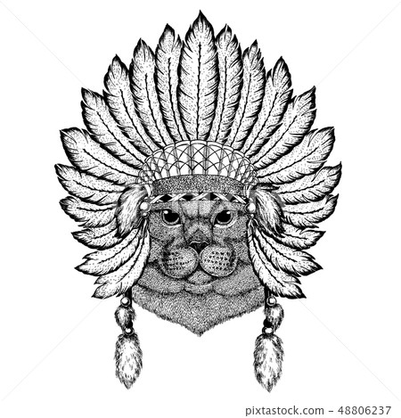 Wild animal wearing inidan headdress with feathers. Boho chic style illustration for tattoo, emblem 48806237