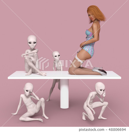 Group of aliens and young woman 48806694