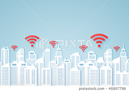 Cityscapes , paper building with signal, wifi icon 48807786