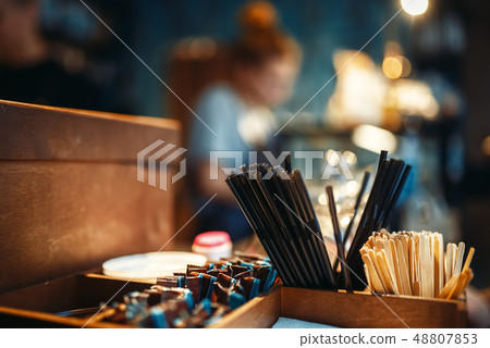 Tools for coffee drinking at bar counter closeup Tools for coffee drinking at bar counter closeup 48807853