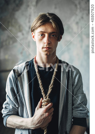 Junkie with noose around neck, gonna kill himself Junkie with noose around neck, gonna kill himself 48807920