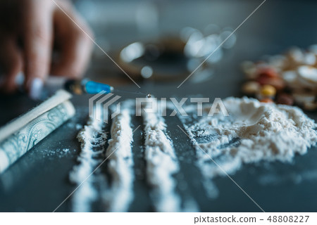 Druggy kit, dose in spoon, addiction concept 48808227