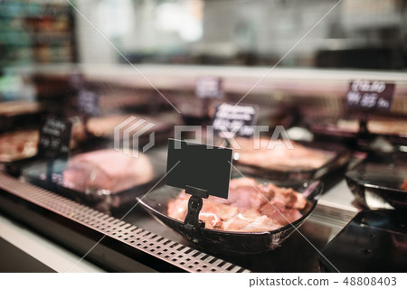 Shelf with fresh meat in food market, nobody Shelf with fresh meat in food market, nobody 48808403