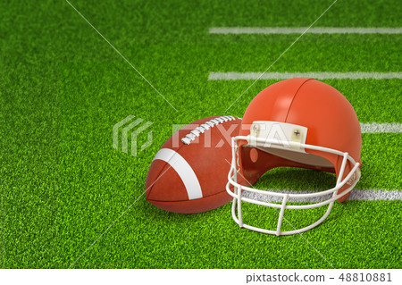 3d rendering of american football ball and helmet on green field background 3d rendering of american football ball and helmet on green field background 48810881