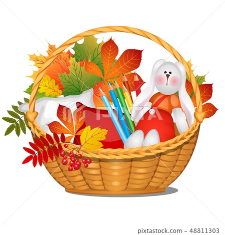 Wicker basket with autumn leaves, crayons, a pillow and a stuffed rabbit isolated on white 48811303