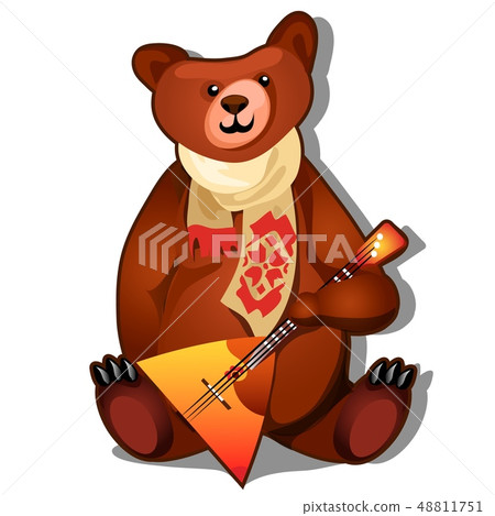 The brown bear holds the national Russian musical instrument balalaika in its paws isolated on white The brown bear holds the national Russian musical instrument balalaika in its paws isolated on white 48811751