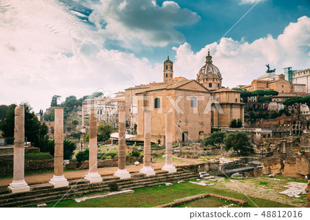 Rome, Italy. Temple Of Peace And Basilica Aemilia In The Roman Forum. Santi Luca E Martina Church 48812016