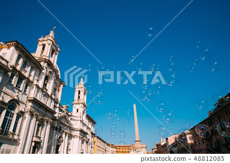 Rome, Italy. Soap Bubbles On Background Of Sant'agnese In Piazza Navona 48812085