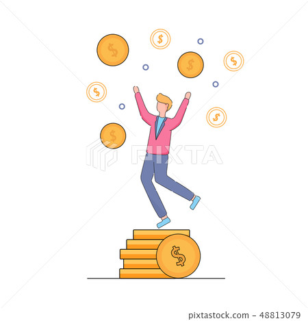Businessman Dancing with Hands Up on Coins Pile. Businessman Dancing with Hands Up on Coins Pile. 48813079