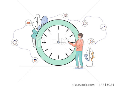 Business Man Stand and Pointing at Huge Clock. 48813084