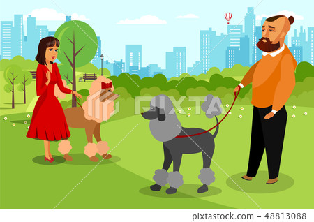 Man and Woman Walking with Dog Vector Illustration Man and Woman Walking with Dog Vector Illustration 48813088